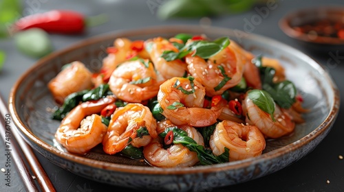 A Vibrant Plate of Shrimp and Vegetable Stir-Fry Paired with Traditional Chopsticks