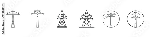 Electricity icon, Set of Electric tower Related Vector Line Icons. Power lines, high voltage power lines icon, Telephone Poles Icon, Electrical tower icon, Electricity pole icon