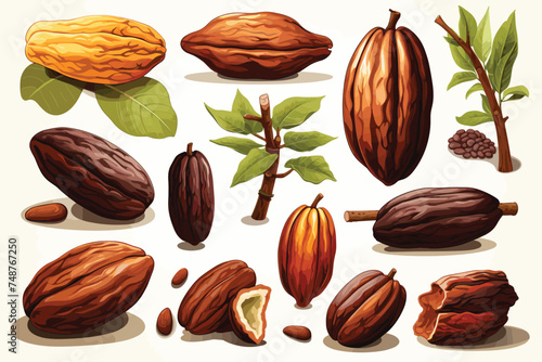 cocoa chocolate set hand drawn vector. cacao bean, plant tree, organic fruit cocoa chocolate sketch. isolated color illustration