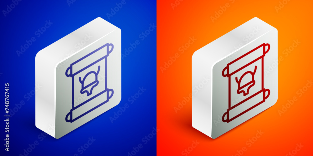 Isometric line Decree, paper, parchment, scroll icon icon isolated on blue and orange background. Silver square button. Vector Isometric line Decree, paper, parchment, scroll icon icon isolated on blue and orange background. Silver square button. Vector