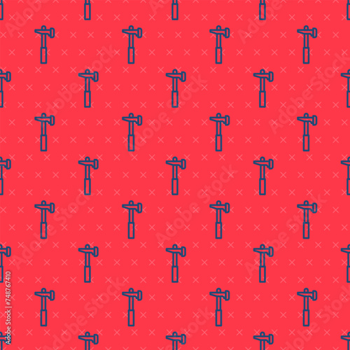Blue line Hammer icon isolated seamless pattern on red background. Tool for repair. Vector