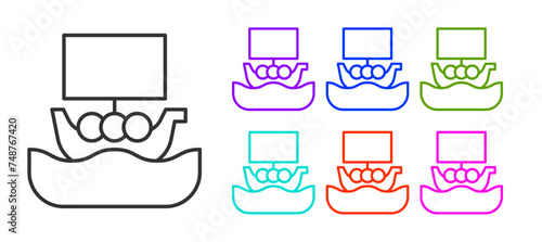 Black line Ancient viking scandinavian drakkar icon isolated on white background. Viking transport ship. Set icons colorful. Vector