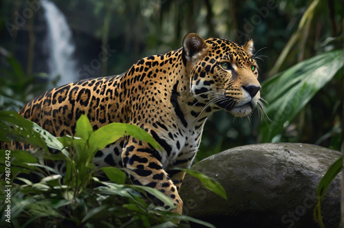 Jaguar with green eyes in the Amazon rainforest.