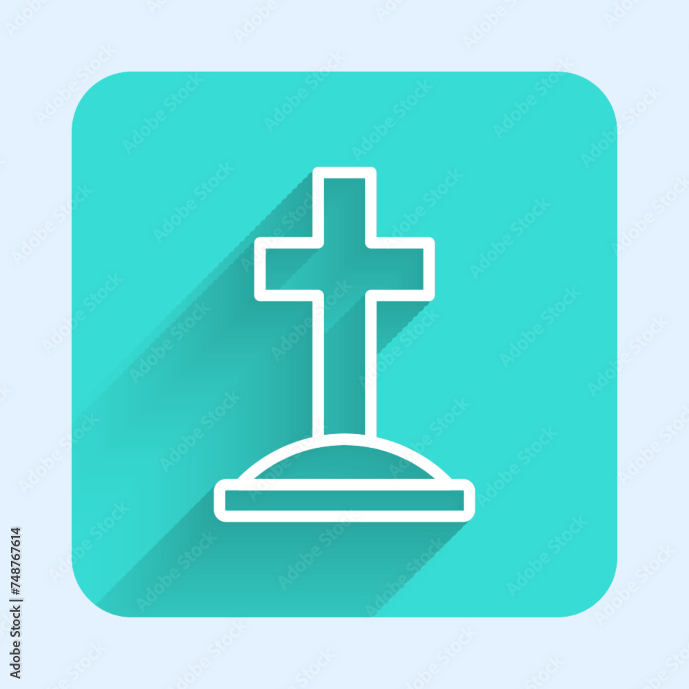 White line Grave with cross icon isolated with long shadow background. Green square button. Vector White line Grave with cross icon isolated with long shadow background. Green square button. Vector