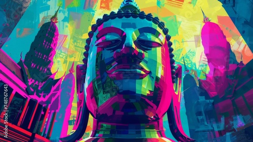 Abstract vibrant colors illustration of Buddha  pop art design background or wallpaper.