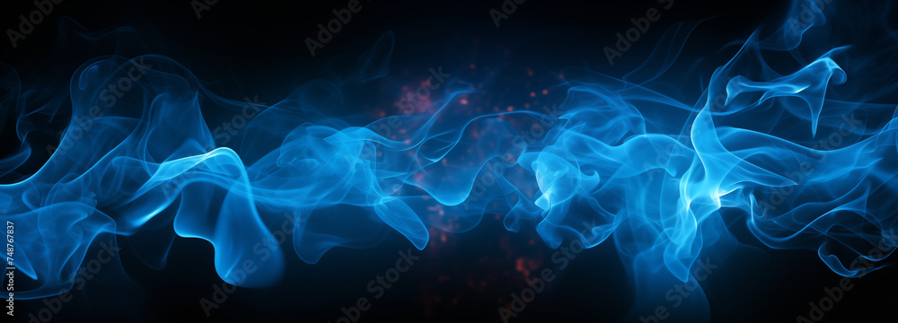 Banner with abstract blue flames of fire with burning smoke float up black background. 