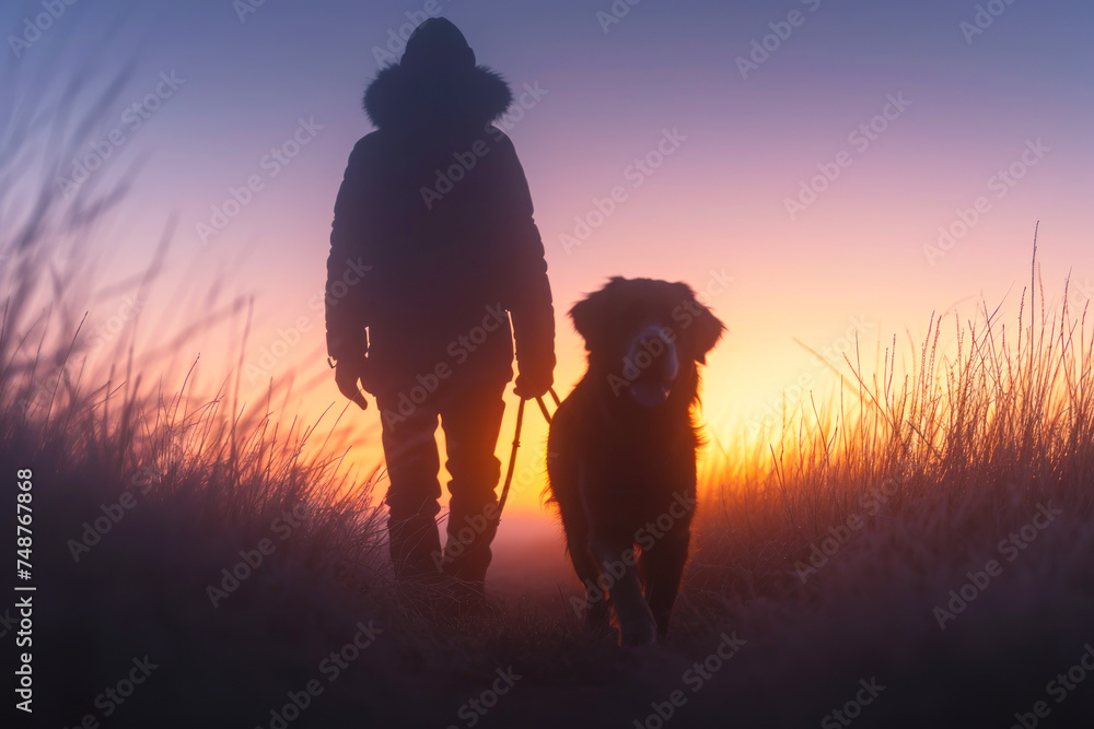 Misty Morning Walk with a Dog in Silhouette. Misty Morning Walk with a Dog in Silhouette.