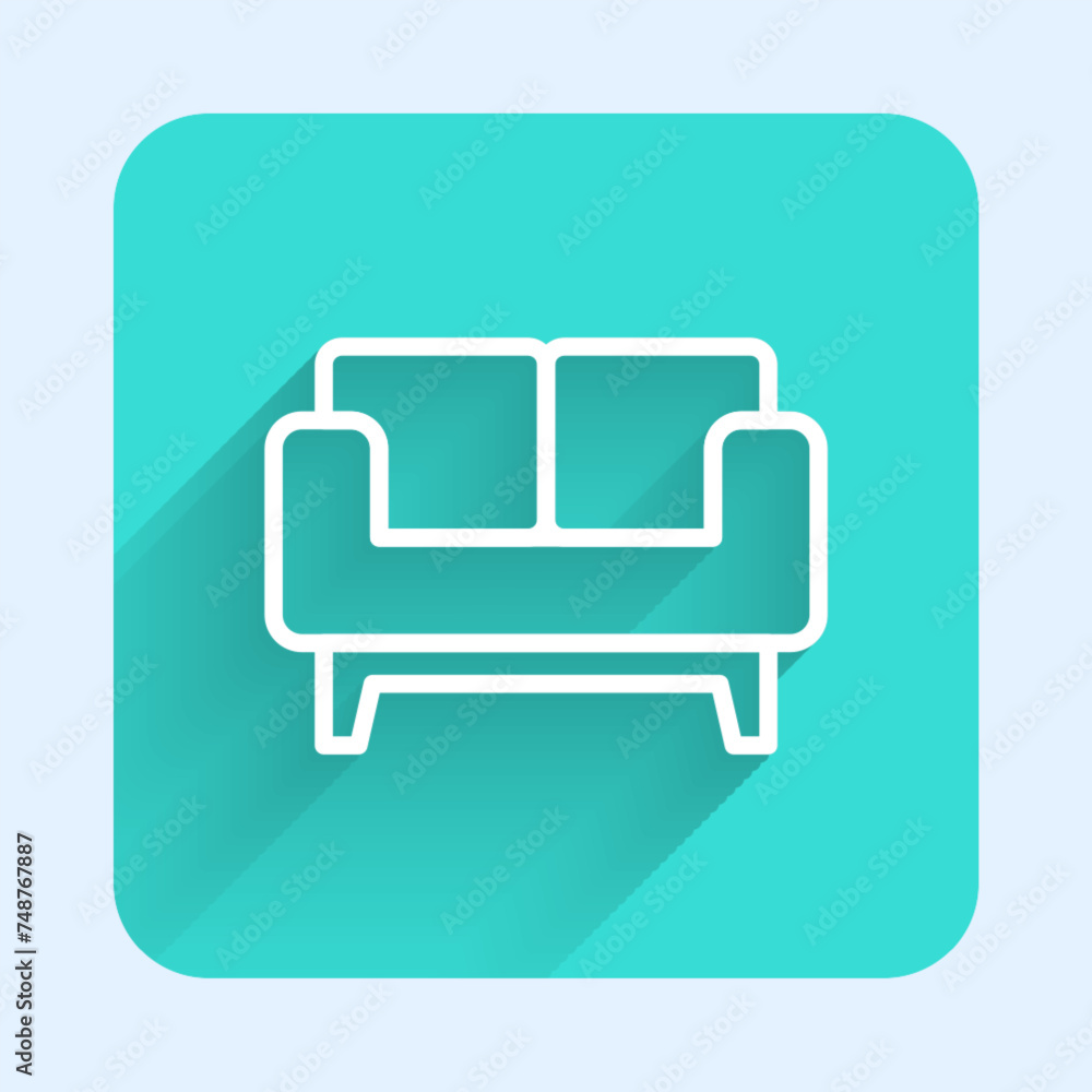 White line Sofa icon isolated with long shadow background. Green square button. Vector White line Sofa icon isolated with long shadow background. Green square button. Vector