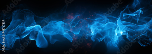 Banner with abstract blue flames of fire with burning smoke float up black background.  photo