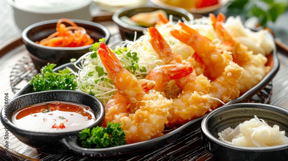 Tempura with Seafood and Vegetables, Accompanied by Dipping Sauce