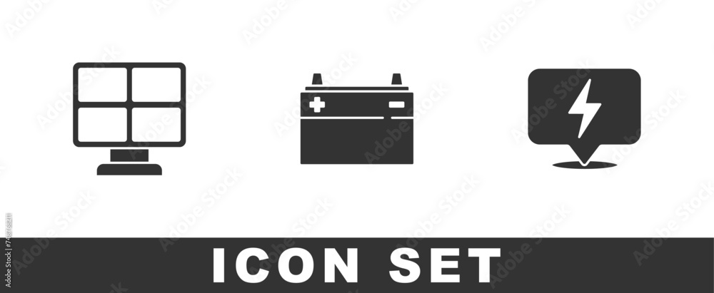 Set Solar energy panel, Car battery and Lightning bolt icon. Vector Set Solar energy panel, Car battery and Lightning bolt icon. Vector
