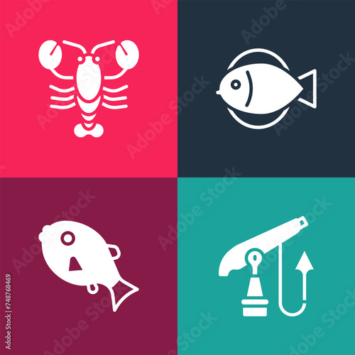 Set pop art Fishing harpoon, Tropical fish, and Lobster icon. Vector