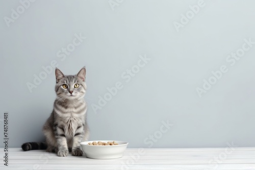 Little gray kitten eating food on gray background, pet care concept, animal behavior with copy space.