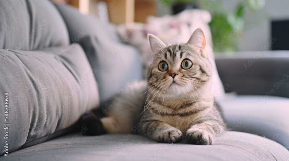 A cute gray kitten lies on a comfortable sofa in a modern bright living room, concept of pet care, animal behavior
