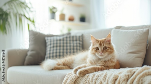A cute purebred cat lies on a comfortable sofa in a modern bright living room, concept of pet care, animal behavior 