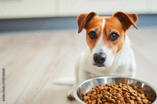 Close-up of a purebred dog eating food in a sunlit kitchen, pet care concept, animal behavior with copy space