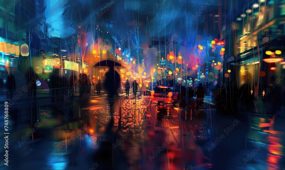 Obraz premium Romantic but depressive blurred night city with orange street lights with people silhouettes with umbrellas under rain