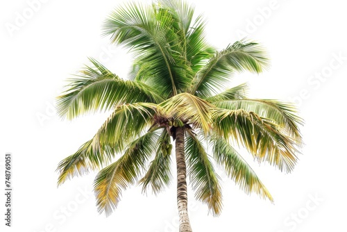 An isolated white background shows a coconut palm tree. © Zaleman