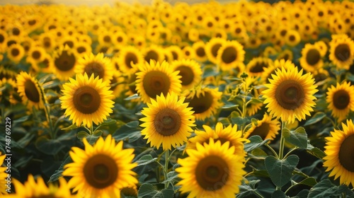 Endless field of sunflowers illuminated by the sun  harvest and agricultural business concept 