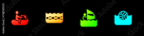 Set Jet ski, Swimming pool, Windsurfing and Water polo icon. Vector