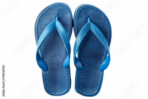 White background with blue flip-flop beach shoes at the top.