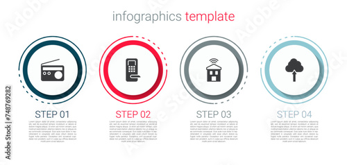 Set Radio, Digital door lock, Smart home with wi-fi and Cloud upload. Business infographic template. Vector