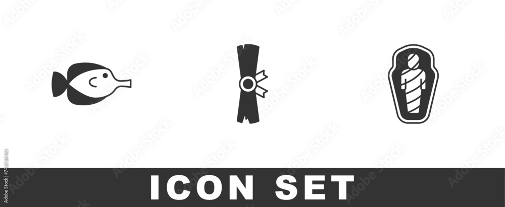 Set Butterfly fish, Papyrus scroll and Egypt mummy in sarcophagus icon. Vector Set Butterfly fish, Papyrus scroll and Egypt mummy in sarcophagus icon. Vector