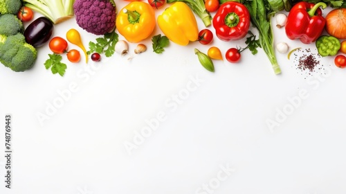 Veggies with a white background and a top view of health food. Generative Ai