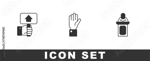 Set Hand holding auction paddle, and Auction auctioneer sells icon. Vector
