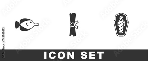 Set Butterfly fish, Papyrus scroll and Egypt mummy in sarcophagus icon. Vector
