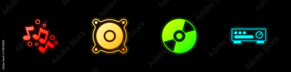 Set Music note, tone, Stereo speaker, Vinyl disk and Sound mixer controller icon. Vector Set Music note, tone, Stereo speaker, Vinyl disk and Sound mixer controller icon. Vector