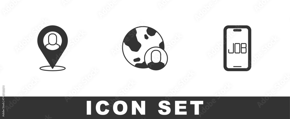 Set Worker location, Globe and people and Search job icon. Vector Set Worker location, Globe and people and Search job icon. Vector