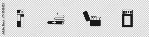 Set Lighter, Cigar, and Matchbox and matches icon. Vector