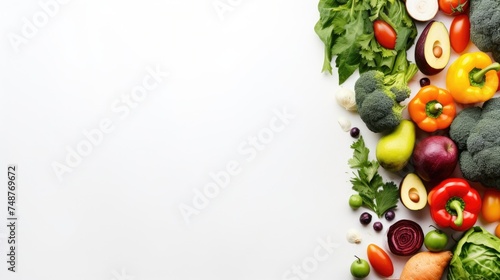 Veggies with a white background and a top view of health food. Generative Ai photo