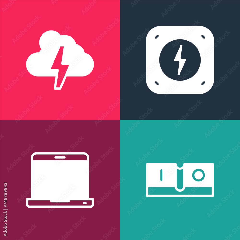 Set pop art Electric light switch, Laptop, Lightning bolt and Cloud and lightning icon. Vector