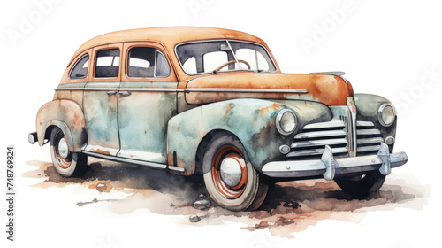 Classic blue and yellow car watercolor painting. Wall art wallpaper