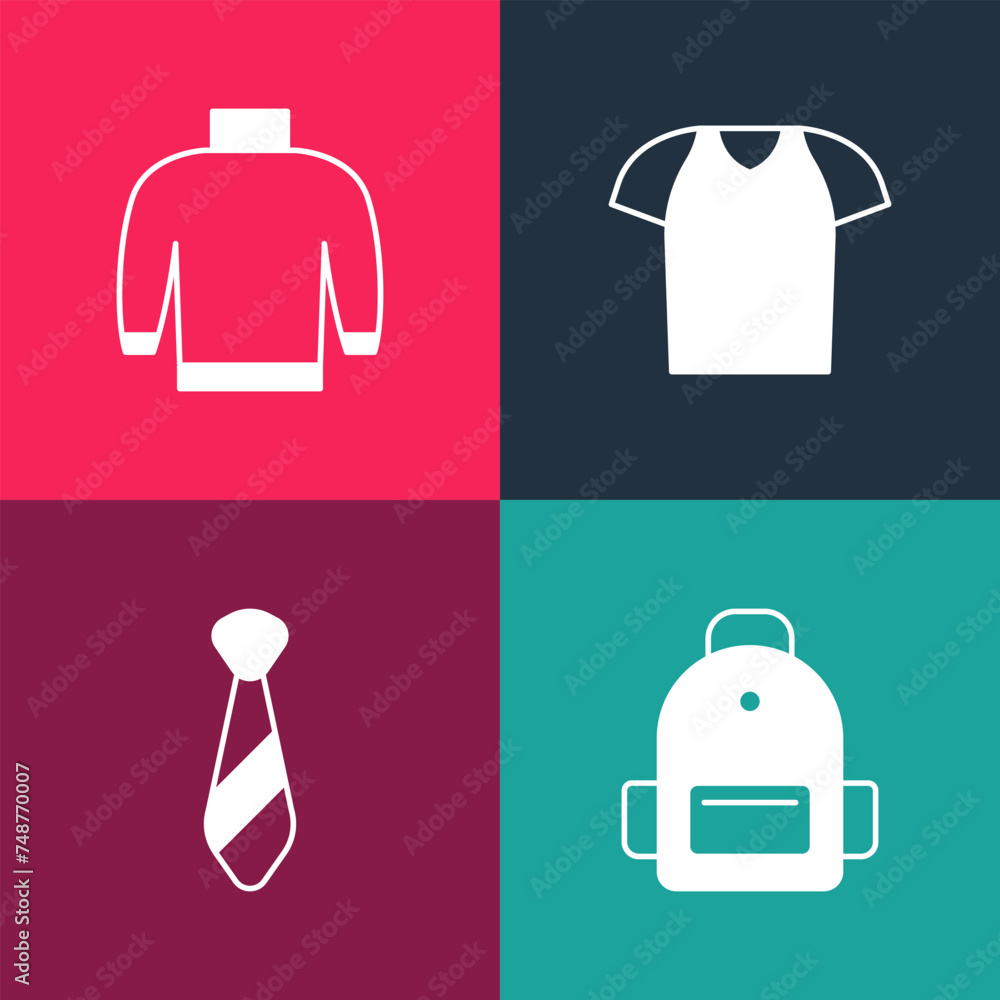 Set pop art School backpack, Tie, T-shirt and Sweater icon. Vector Set pop art School backpack, Tie, T-shirt and Sweater icon. Vector