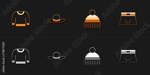 Set Sweater, Elegant women hat, Beanie and Men underpants icon. Vector