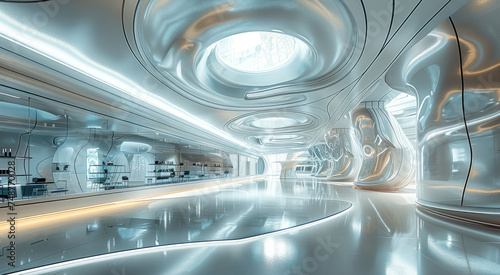 Future Laboratory, Simple and futuristic design, panoramic view. Generative AI. © visoot