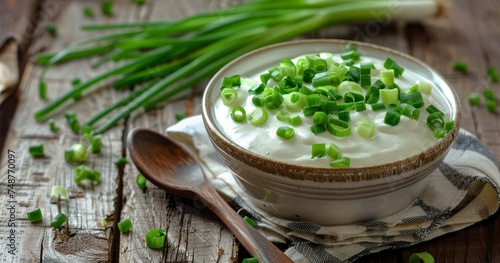 A Bowl of Fresh Sour Cream Amidst Sprigs of Green Onions on a Wooden Surface