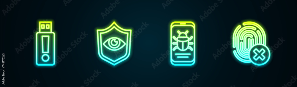Set line USB flash drive, Shield and eye, System bug on mobile and Cancelled fingerprint. Glowing neon icon. Vector Set line USB flash drive, Shield and eye, System bug on mobile and Cancelled fingerprint. Glowing neon icon. Vector
