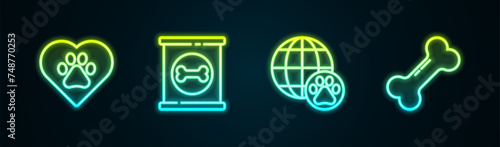 Set line Heart with animals footprint, Canned food, World pet and Dog bone. Glowing neon icon. Vector