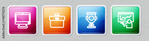 Set line Computer monitor, Briefcase, Award cup and Training, presentation. Colorful square button. Vector