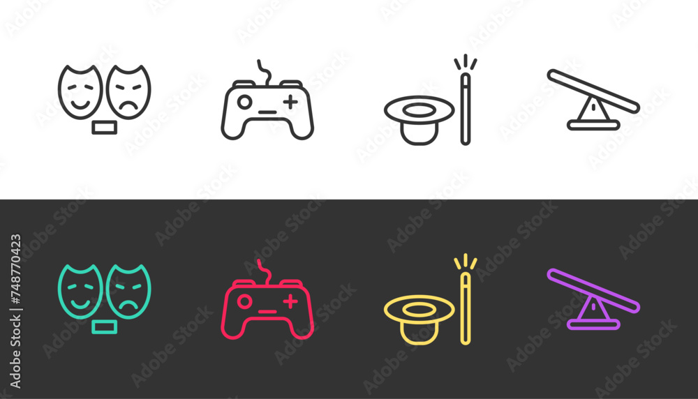 Set line Comedy and tragedy masks, Gamepad, Magic hat wand and Seesaw on black and white. Vector Set line Comedy and tragedy masks, Gamepad, Magic hat wand and Seesaw on black and white. Vector