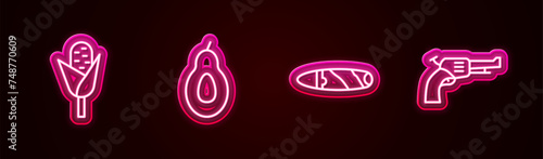 Set line Corn, Avocado, Cigar and Revolver gun. Glowing neon icon. Vector