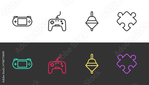 Set line Portable video game console, Gamepad, Whirligig toy and Puzzle pieces on black and white. Vector