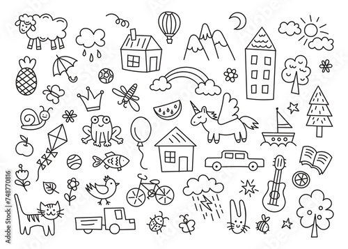 Set of kid doodle. Sun in the clouds, summer flowers and trees, painted houses, cute cat and other black white elements. Vector illustration on white background.