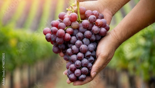 Holding a bunch of grapes in vineyard, wine production