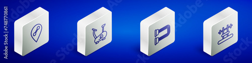 Set Isometric line Location gym, Stationary bicycle, Chest expander and Bench with barbel icon. Vector