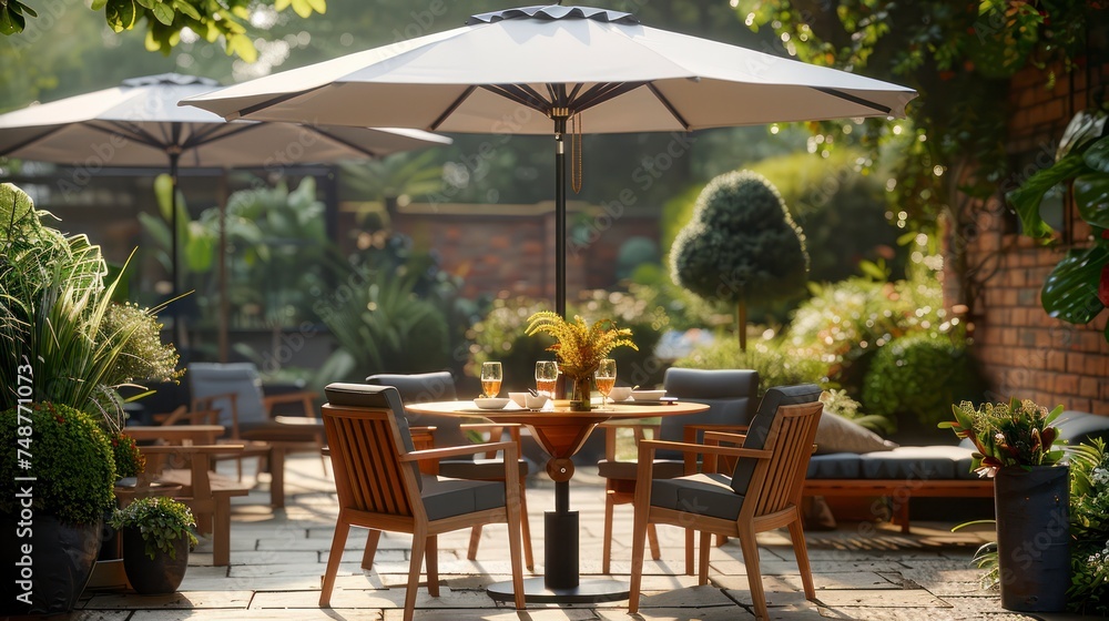 Obraz premium The Perfect Blend of Comfort and Style with a Parasol, Table, and Chairs
